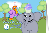 Happy Birthday 5 Year Old Boy, Whimsical Bird, Elephant and Cupcake card