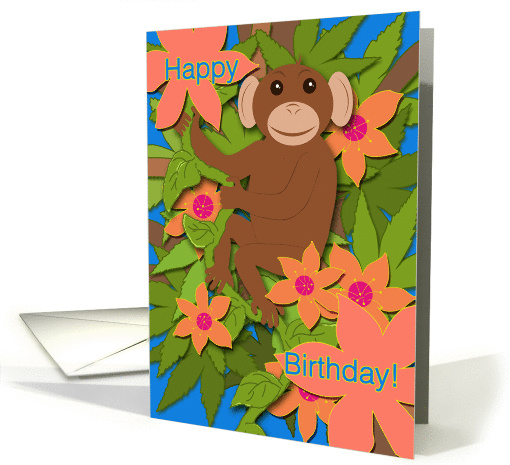 Cute Little Monkey, Tropical Flowers, Happy Birthday! card (937887)
