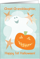 Great Granddaughter First Halloween, Whimsical Ghost, Pumpkin & Stars card