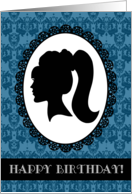 Happy Birthday! Cameo, Woman Silhouette, Blue Damask card