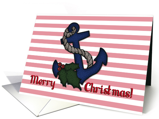 Merry Christmas Holly Anchor Red White Blue Stripes card (992057)