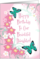Happy Birthday Beautiful Daughter! Butterflies Pink Floral Swirls Oval card