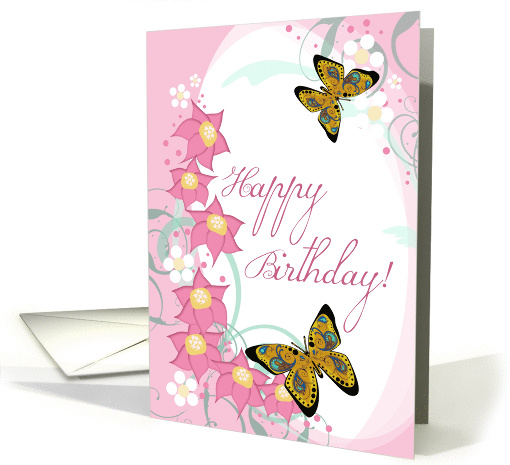 Happy Birthday! Butterflies Pink Floral Swirls Oval card (995783)
