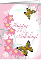 Happy Birthday! Butterflies Pink Floral Swirls Oval card