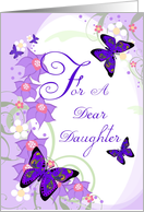 For A Dear Daughter, Birthday, Purple Butterflies Floral Swirls Oval card