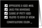 Funny Cousin Groomsman Card -- Qualified to be a Groomsman? card