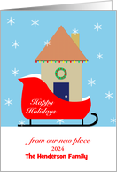 Decorated House on Sleigh New Address Custom Name Christmas card
