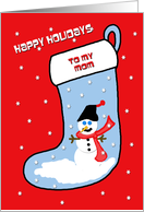 Mom Christmas Snowman on Blue Christmas Stocking card