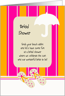 Pink Beach Theme Bridal Shower Invitation -- Beach Towel, Umbrella and Sandals card