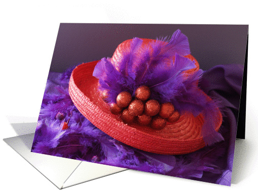 Red Hat Christmas Card -- Ornaments and Feathers card (81132)