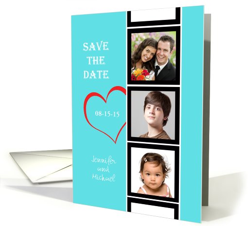 Photo Booth Save the Date Photo Cards -- Three Photos on Blue card