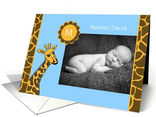 Baby Boy Photo Birth Announcement -- Baby Photo and Giraffe card