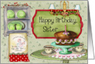Happy Birthday, Sister; cake and retro towels and dishes card