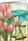 Pink Tulips with Umbrella, Rubber Boots Get Well Card French Ephemera card