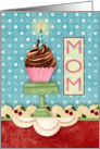 Cupcake with Candle on a Retro Background Birthday Card for Mom card