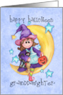 Sweet Little Girl all Dressed for Halloween and Swinging on the Moon card