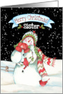 To Sister Merry Christmas Lady Snowman with Cardinals card