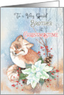 To Brother Merry Christmas Fox in Snow with Poinsettia and Berries card