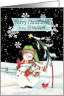 To Grandson a Merry Christmas with Snowman Holding Candy and Cardinals card