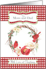 To Mom and Dad Love at Christmas with Check and Cardinals in Wreath card