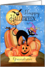 To Grandson Happy Halloween with Pumpkins, Cat, Bat, Stars, and Moon card