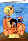 Niece Happy Halloween with Pumpkins, Cat, Bat, Stars, Moon card