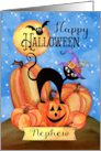 To a Nephew Happy Halloween with Pumpkins, Cat, Bat, Stars, Moon card