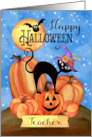 To Teacher Happy Halloween and Thank You with Pumpkins, Cat, Bat, Moon card