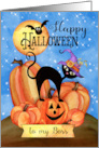 To Boss Thank you Happy Halloween with Pumpkins, Cat, Bat, Moon, Bat card