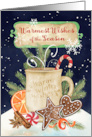 Warm Wishes for the Holiday with Cookies, Pines, Candy Cane, Cup card