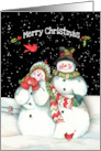 Merry Christmas with Snowmen Couple, Cardinals, and Snow card