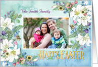 Custom Photo and Name for a Happy Easter with Lilies Berries Leaves card