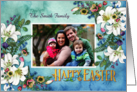 Custom Photo and Name for a Happy Easter with Lilies Berries Leaves card