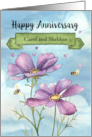 Custom Names Happy Anniversary with Watercolor Flowers Bees card