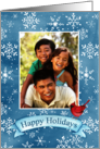 Custom Photo Happy Holidays with Snowflakes and Cardinal card