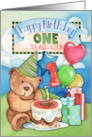 Happy Birthday One Year Old with Cute Teddy Bear, Balloons, Cake, Gift card