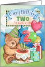 Happy Birthday Two Years Old with Cute Teddy Bear, Balloons, Cake card