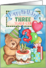 Happy Birthday Three Years Old with Cute Teddy Bear, Balloons, Cake card