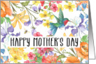 Happy Mother’s Day with Bright Watercolor Flowers Hummingbird and Bees card