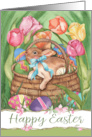 Easter Basket with Colored Eggs, Bunny, and Tulips for All Ages card