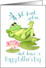 Happy Father’s Day Frog on Lily Pad Relaxing with Dragonfly, Pink Lily card