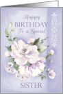 Sister Birthday Purple Floral Rose and Greenery Damask Watercolor card