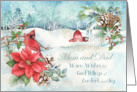 Mom and Dad Christmas Snow Barn Poinsettia Cardinal Warm Wishes card