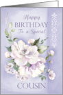 Cousin Birthday Purple Floral Rose and Greenery Damask Watercolor card
