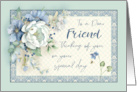 Friend Birthday Thinking of You Blue White Floral Peony & Bees card