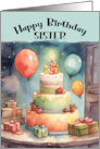 Sister Birthday Party with Whimsical Cake, Balloons, Gifts, Colorful card