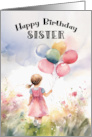 Sister Birthday Girl Holding Balloons Walking in Field of Flowers card
