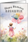 Daughter Birthday Girl Holding Balloons Walking in Field of Flowers card