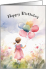 General Birthday Girl Holding Balloons Walking in Field of Flowers card