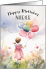 Niece Birthday Girl Holding Balloons in a Field of Flowers card